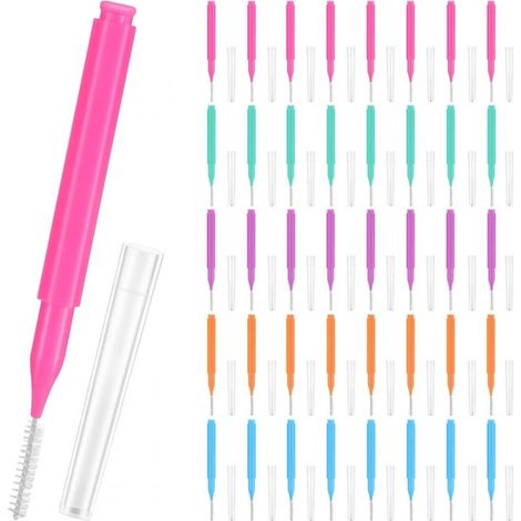 100 brossettes interdentaires - 10 pièces par sachet : [vert 0,8 mm] x 2 + [rose rouge 0,6 mm] x 2 + [orange 0,9 mm] x 2 + [jaune 0,8 mm] x 2 + [bleu 1,2 mm] x 2
