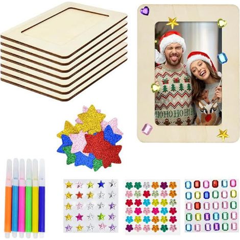 Lot de 6 cadres photo en bois 14 x 20 cm, à faire soi-même, avec 12 couleurs aquarelle, strass et autocollants 3D Convient aux cadres de 10 à 15 cm (1/5)