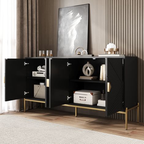 Buffet 162x40x80cm mit 4 Türen und goldenen Griffen, Metallbeinen, schwarzer MDF-Konstruktion, strukturierter Oberfläche