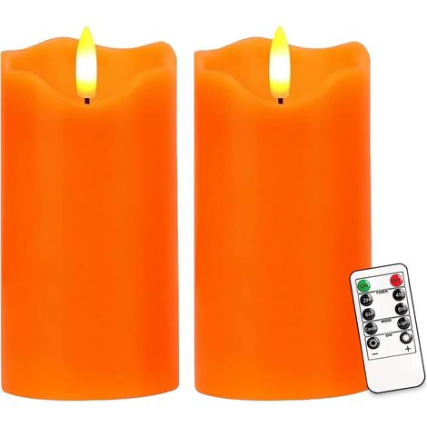 Lot de 2 bougies sans flamme orange à DEL vacillantes avec télécommande et minuterie, bougies piliers électriques à intensité variable en cire véritable à piles pour décoration d'automne, Action de (1/5)