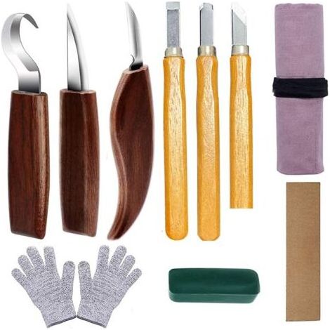 10-teiliges Holzbearbeitungs-Meißel-Set, Holzschnitzmesser mit Walnussholzgriffen, DIY-Holzschnitzwerkzeuge mit schnittfesten Handschuhen und Schleifsteinen (1/5)