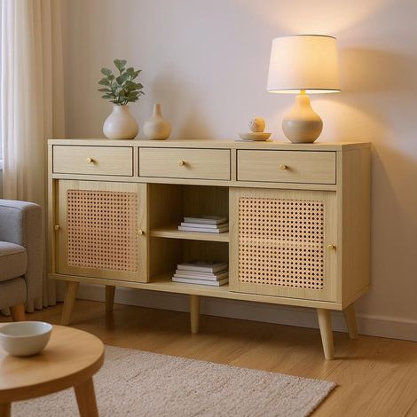 Buffet 3 portes coulissantes + 3 tiroirs en cannage et décor naturel (1/5)