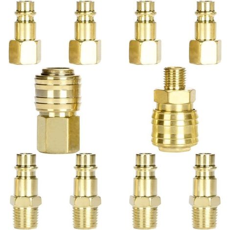 Raccord pneumatique rapide 1/4 pouce – Raccord d'air comprimé avec vanne intégrée – Acier-cuivre traité – Lot de 10 pièces (1/5)