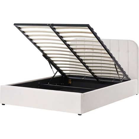 Bed Frame Off-White Fabric Upholstery EU Double Size 4ft6 Lift Up Storage with Headboard and Slatted Base CHALLANS