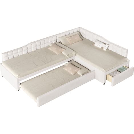 CHICFURN Lit enfant d'angle 90x200 avec lit gigogne, 2 lits simples, rangements à tiroirs, lit rembourré en velours beige pour chambre d'enfant ou d'amis