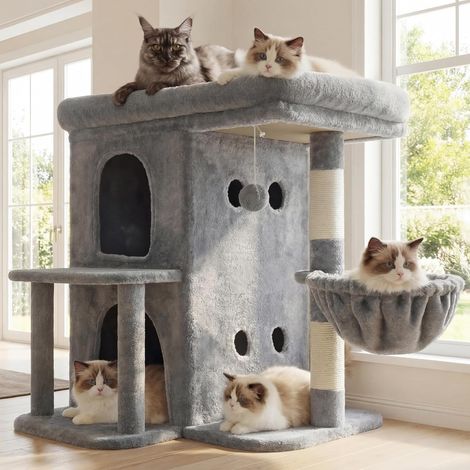 Arbre à Chat, Tour de 65 cm pour Grands Chats avec Plateforme Spacieuse, Cabines Double Couche, Poteaux à Griffes en Sisal, Panier Confortable et Pompon, Gris Clair HCT204SW (1/5)
