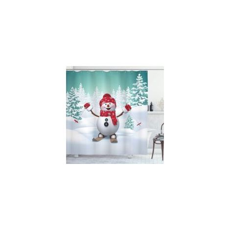 Weihnachtlicher Duschvorhang mit Tannenbäumen und Ski fahrenden Schneemännern, Badezimmerstoff - Crezuo