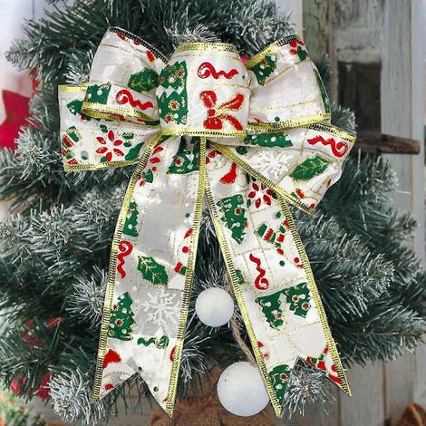 Nœud de Noël doré peint de 20 cm, décorations de Noël à suspendre, ruban imprimé, indispensables pour la maison (1/4)
