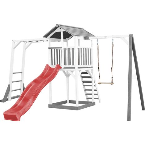 Axi Beach Tower Aire De Jeux Avec Toboggan En Rouge, Cadre D'Escalade, Balançoire & Bac À Sable Grande Maison Enfant Extérieur En Gris & Blanc Cabane De Jeu En Bois Fsc (1/5)
