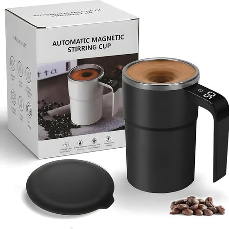 Self-stirring magnetic electric mug with lid, automatic mixing cup, refillable for coffee, tea, hot chocolate, white