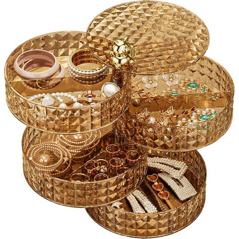 Boîte de rangement à 4 étages transparente, tournante, pour bureau, rangement bijoux et cosmétiques (1/5)