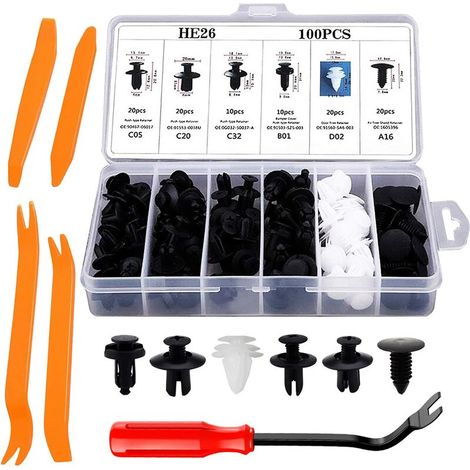 Clips Voiture 100 Pièces Rivet Clips Plastique Fixation Noir Universel pour Auto Voitures Panneaux Garnitures de portières avec Boîtier de Rangement et Outil Démontage Installation