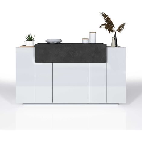WHOUS - Credenza CORONA per Soggiorno LxH 140x85 cm Doppia Profondità - Madia Soggiorno Moderna con 3 ante e 1 a Ribalta - Credenza Bianco lucido/Ardesia (1/5)