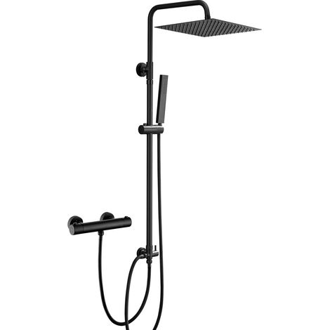 Colonne de Douche en Acier inoxydable avec Mitigeur Thermostatique, Ensemble de Douche Pluie Mural avec Douchette Salle de Bain et Pommeau Douche 30x30 cm Noir (1/5)