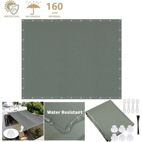 (Gris foncé, avec ventouses, 3x4M) Voile d'ombrage, imperméable et résistante aux UV, adaptée aux piscines et aux terrasses. (1/5)