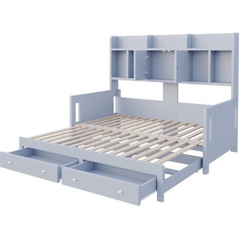 GagaCanapé-lit extensible bois, tiroirs, LED, gris (1/5)