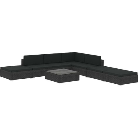 Minkurow – Salon de jardin 8 pcs résine tressée noire – Canapé d'angle et table basse en verre trempé – Coussins épais pour confort optimal (1/5)