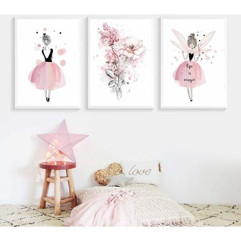 Lot de 3 Affiches 30x40 Fille Chambre d'enfant Rose Tableaux Décorations Murales Peinture sur toile Cadeaux Anniversaire Lefou (1/5)
