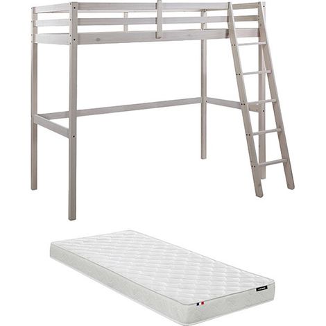 Lit mezzanine GEDEON II - 90 x 190 cm - Pin massif - Blanchi + matelas