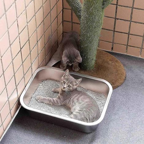 Bac à litière en acier inoxydable pour chat et lapin, anti-odeurs, surface lisse et antiadhésive (1/4)
