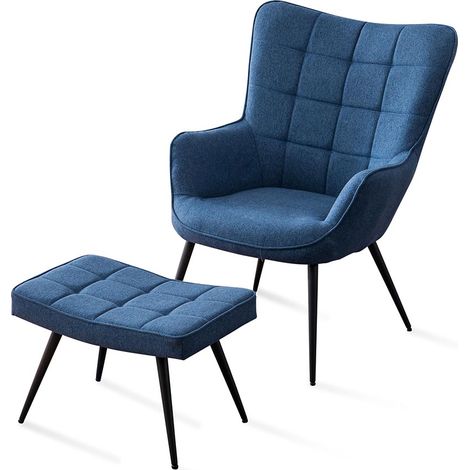 Vera Linen / Velvet Occasional Lounge Living Room Accent Chair Armchair Metal Legs Blue with Footstool