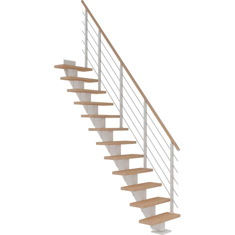 Dolle Mittelholmtreppe Frankfurt Gerade Eiche weiß, geölt 65 cm breit für Geschosshöhen 259 – 301 cm UK Metall Weiß inkl. einseitigem Designgeländer