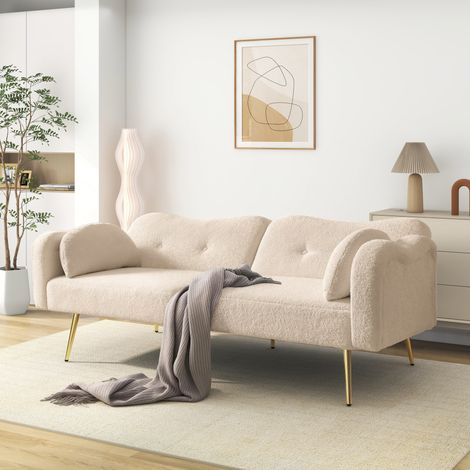 Divano letto 2 posti 155x85,5 cm convertibile, schienale a 3 posizioni, piedi in metallo dorato, finitura naturale - beige (1/5)