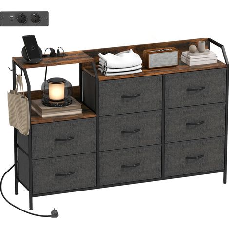 Commode Chambre, 8 Tiroirs Tissu, Station Recharge, Marron Rustique (1/5)