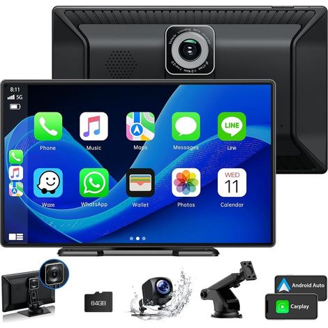 Écran CarPlay 9 pouces pour voiture avec caméra embarquée 2,5K, caméra de recul 1080p, écran CarPlay Android Auto sans fil (1/5)