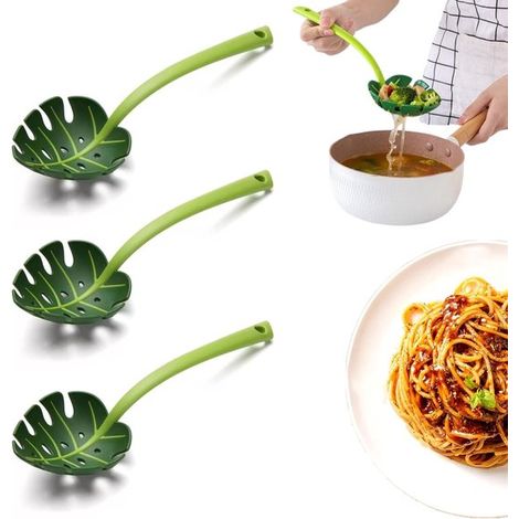 Juego de 3 piezas de cucharas para pasta: cuchara para espaguetis,con forma de hoja de monstera,verde (1/5)