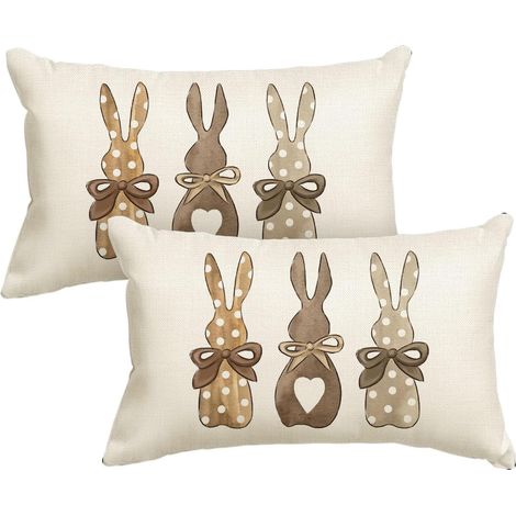 JSSEVN - Set of 2 Easter cushion covers - Three rabbits design - 30 x 50 cm - Seasonal decoration for sofa, living room (1/5)