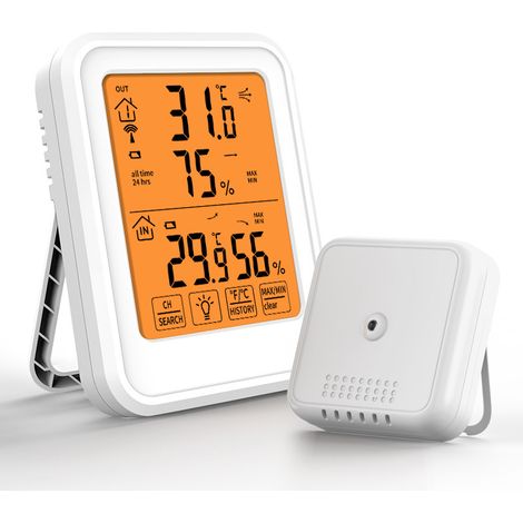 CREA Digitales Thermometer-Hygrometer, Innen- und Außenthermometer-Hygrometer mit drahtlosem Außensensor, ℃/℉-LCD-Display mit Hintergrundbeleuchtung, für Büro, Zuhause, Schlafzimmer – Weiß (1/5)