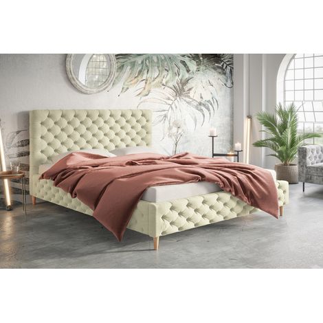 Lit double 160x200 Felix - Glamour Design, Lit adulte avec sommier à lattes et tête de lit, tissu velours - Beige (Amor Velvet 4323)