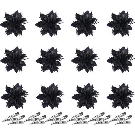 Fleurs de Festival en poudre d'or réalistes, 12 pièces, avec Clips, accessoires de couronne, ornement d'arbre noir (1/5)