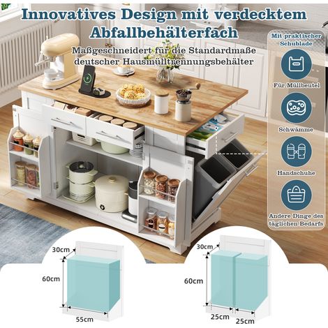 Îlot de cuisine moderne de 138 cm avec plan de travail rabattable, roulettes silencieuses, prise européenne, étagères réglables et poubelle coulissante - Blanc aspect bois (1/5)