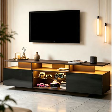 Meuble TV pour TV 70 pouces, LED contrôlable par application, 2 armoires, 160x40x45 cm, MDF noir (1/5)