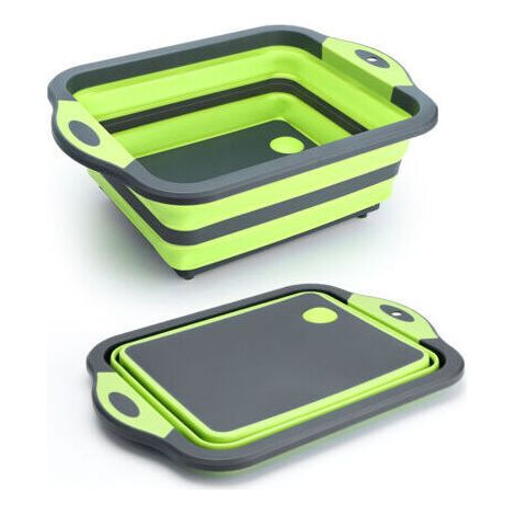 Mise à niveau de la planche à découper pliable verte avec passoire, planche à découper pliante en silicone multifonction, cuve à vaisselle, panier de rangement pour passoire alimentaire, égouttage etd