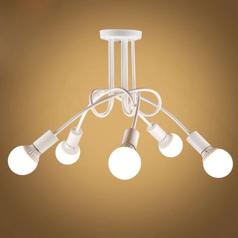 Plafonnier industriel, lustre Sputnik, plafonnier en métal à 5 ​​têtes, lustre vintage, blanc (ampoule non incluse) (1/5)