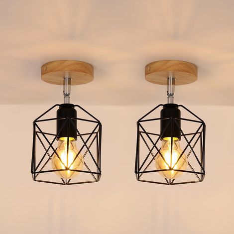 Lot de 2 Plafonnier Industriel, Abat-jour en Métal et Bois E27 Vintage Lustre, Suspension Luminaire Rétro Pour Couloir Cuisine Chambre Salon, Ø14cm (1/5)