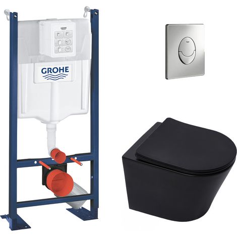 Pack WC Bâti-autoportant Rapid SL + WC Infinitio sans bride noir mat + Abattant softclose + Plaque chrome