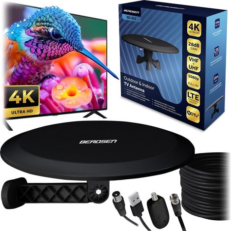 Antena de TV, interior/exterior, Ultra HD 4K, color negro