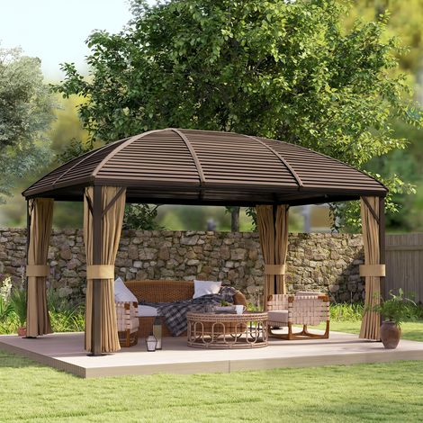 Toit rigide de 3 x 4 m avec toiture métallique, pavillon permanent en aluminium avec moustiquaire et rideaux, marron (1/5)