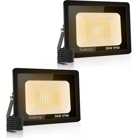 2PCS Projecteur LED Extérieur, 50W Spot LED Exterieur 5000LM 3500K Blanche Chaude Éclairage de Sécurité Extérieur IP66 Imperméable pour Garage Jardin Terrasse Parking