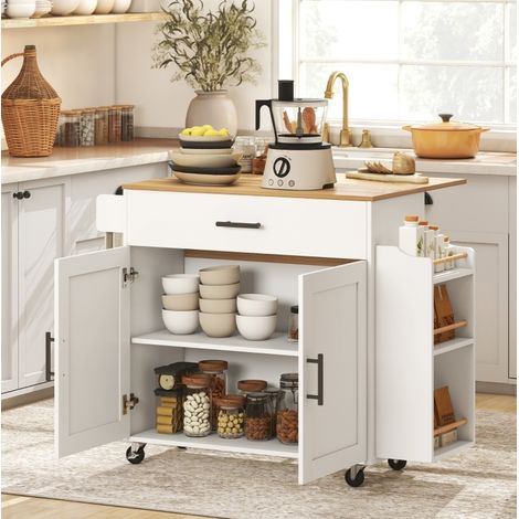 MEUBLIV Isola da cucina 120x68x85 cm bianca – piano ribaltabile, con ruote e freno (1/5)