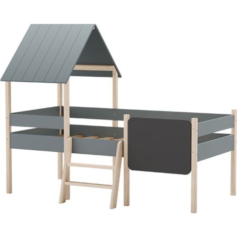 Lit surélevé à barrières 90x190 avec tête de lit cabane en MDF laqué vert kaki et pin naturel - TYNIE