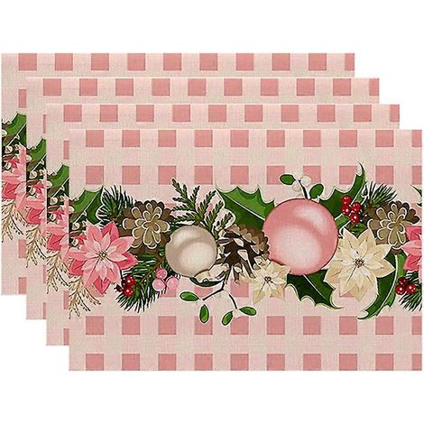 Lot de 4 sets de table de Noël roses enneigés, motif sapins de Noël, pour la décoration de la cuisine et de la salle à manger (J) (1/5)
