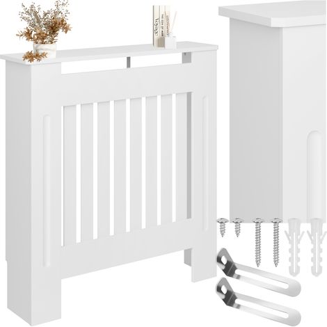 Tectake – Cache-radiateur à lattes en MDF et acier – Dimensions 78x19x82 cm – Étagère pour déco – Circulation d'air optimisée (1/5)