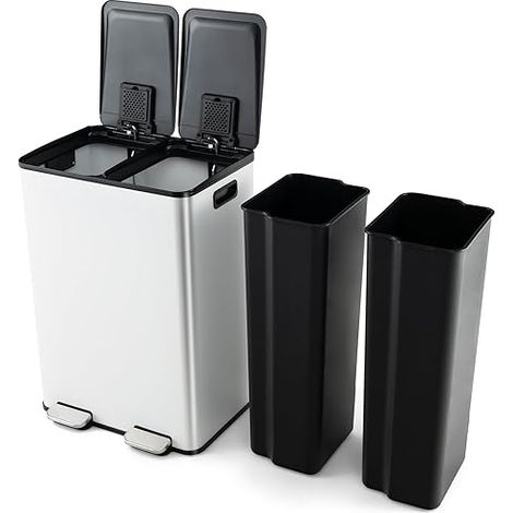 COSTWAY Pattumiera per Differenziata 2 Scomparti, Secchi Spazzatura Differenziata 2 x 30 L, Bidone con Coperchi a Chiusura Morbida, Acciaio Inox Anti-Impronte (Bianco) (1/5)