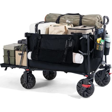 Chariot Pliable avec Frein et Hayon 400L Chariot de Plage Chariot camping pliable Roues larges amovibles, poignée réglable, charge max.180kg, idéal pour camping, jardin et shopping (1/5)
