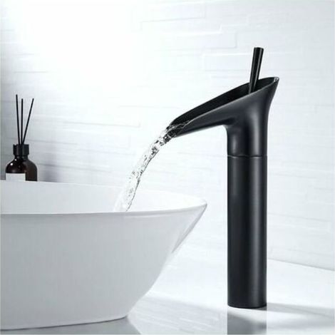 Grifo de baño negro, grifo cascada, grifo mezclador monomando retro negro para lavabo, grifo de baño alto de latón para encimera, grifo para lavamanos. (1/5)
